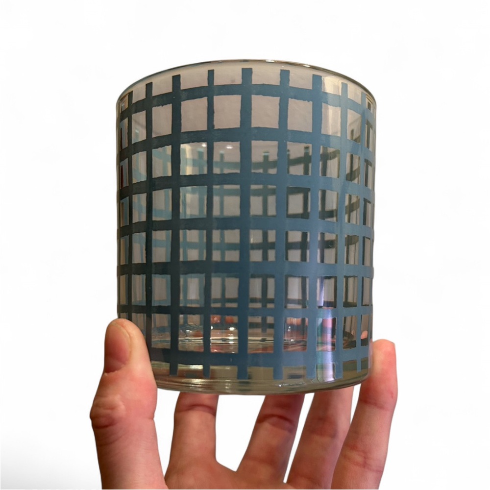 Blue Grid Pattern Glass Candle Holder